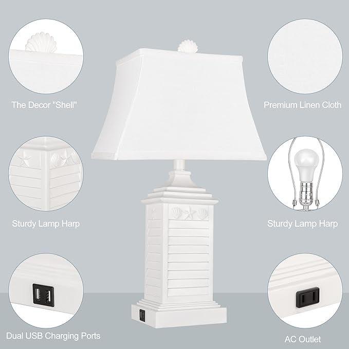 Hamucd Table Lamps for Living Room Set of 2, Coastal White Bedside Lamps for Bedroom with USB A+C Outlet Modern Resin 3-Color Temperature Nightstand Lamp for End Table (Bulbs Included)