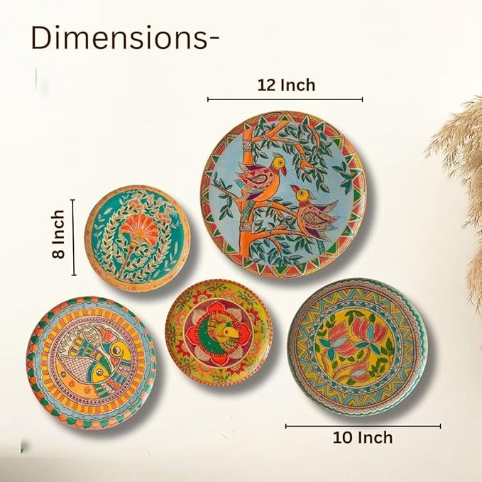 RITUALISTIC Madhubani Metal Wall Plates for Home Decoration | Set of 5 Decorative Wall Plates (Assorted Sizes) | Wall Décor for Living Room | Handmade Indian Art | Gift Items