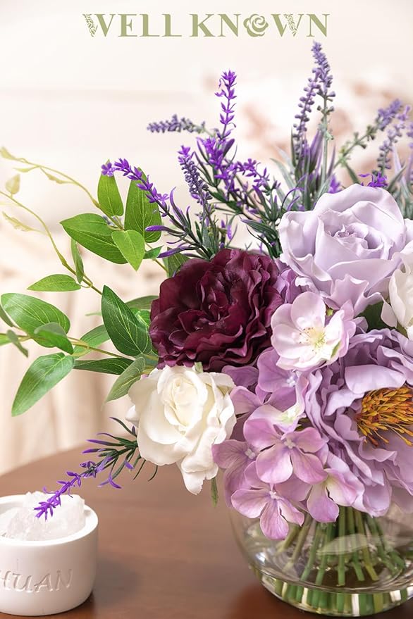 Artificial Flowers in Vase for Home Decor, Fake Lavender & Silk Peony Flower Bouquet Centerpieces in Glass Vase with Fake Water for Party Wedding Dinning Table Office Hotel Decor (Lavender Mixed Plus)