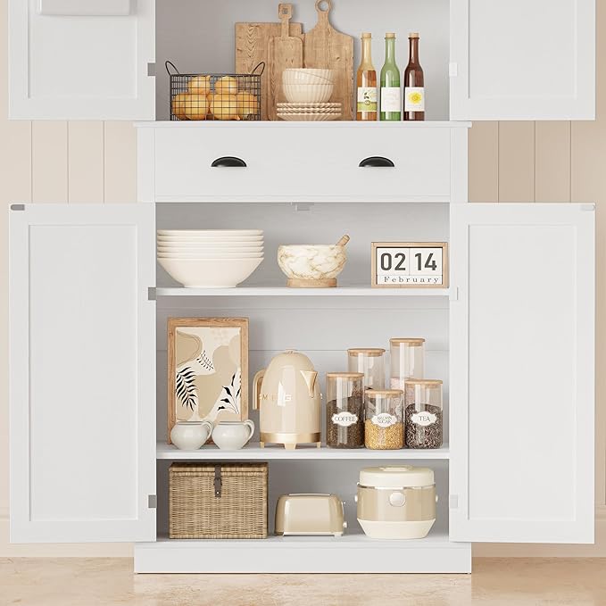 IRONCK Kitchen Pantry Storage Cabinet 83.9" H, with Barn Doors, Drawer, 4 Adjustable Shelves, Freestanding Cupboard for Dining Room Living Room, Laundry, White