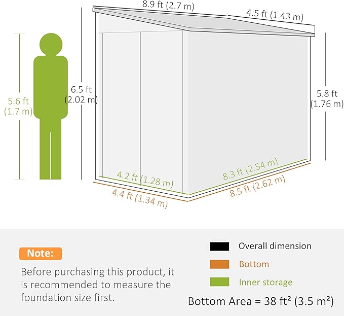 Outsunny 4.6' x 9' Steel Outdoor Storage Shed, Lean to Shed, Metal Tool House with Foundation Kit, Lockable Doors, Gloves and 2 Air Vents for Backyard, Patio, Lawn, Brown