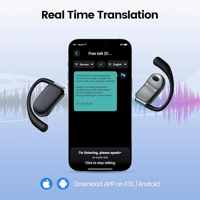 AI Translation Earbuds Real Time 164 Languages 80H Playtime Translator Ear Buds Audifonos Traductores Inglés Español Wireless Translating Earbuds Bluetooth Headphones for Travel Meeting Learning X-S