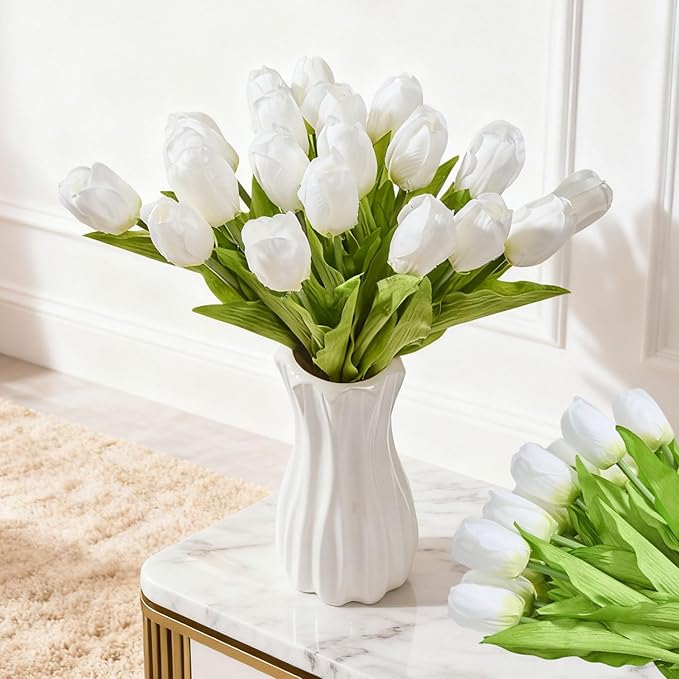 Artificial Flowers Mother's Day Easter Valentine's Day Gifts, Artificial Flowers Fake Tulips Flowers Home Kitchen Wedding Table Decorations a Bunch of 20 White Tulips