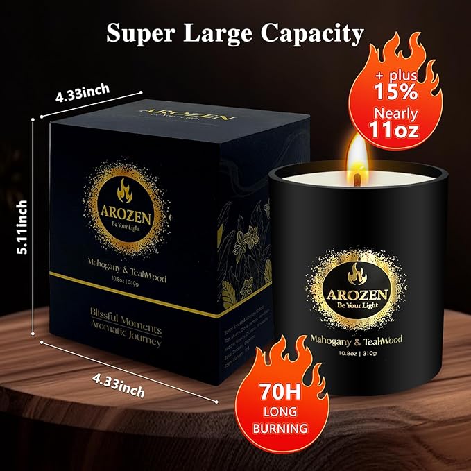 Mahogany Teakwood Scented Candles, Gifts for Men, Father's Day Holiday Chrismas Candle Gifts, Black Soy Candles for Home Scented, Extra Large with 70H Long Lasting Burn 10.8oz