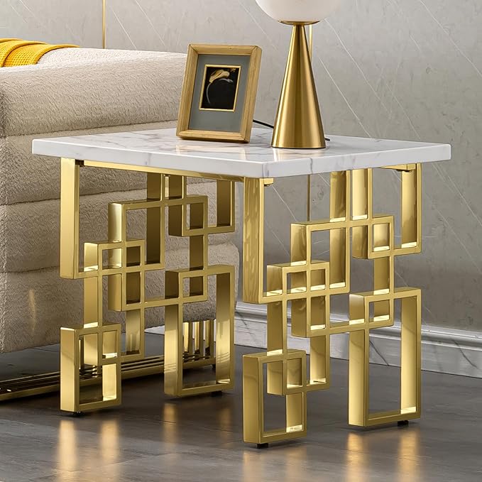 AUZ Gold End Table, Modern Square Living Room Side Table with White Top and Gold Mirrored Metal Geometric Base