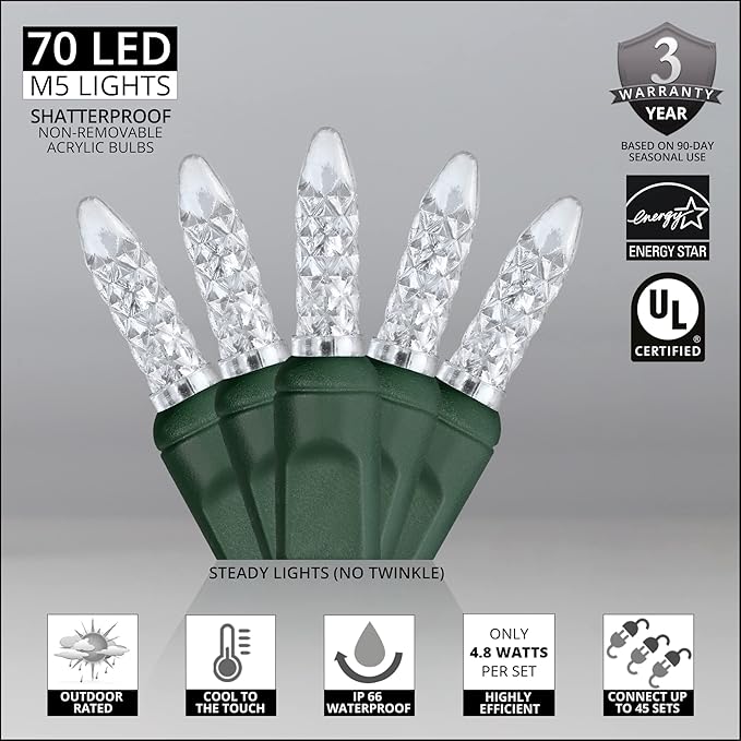 24 ft 70 Count M5 LED Cool White Christmas Lights, Green Wire Indoor/Outdoor Commercial Grade Mini String, Holiday Lighting