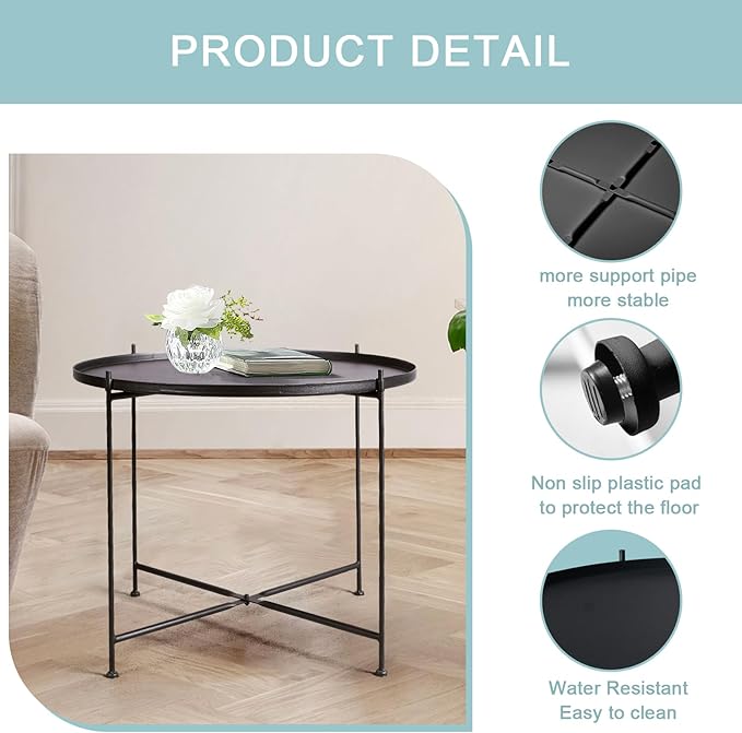 Modern Metal End Table, Round Side Table Indoor/Outdoor, Living Room Small Coffee Table (Black, 1-Tier 23.6")