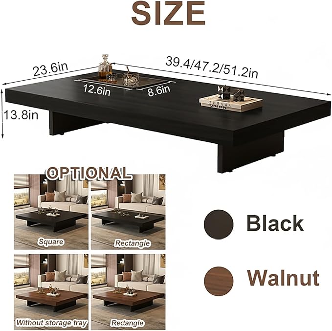Modern Rectangular Coffee Table for Living Room, Low Profile Wood Center Table with 2" Thick Tabletop & Optional Storage Tray, Sturdy Minimalist Design (31.5"/39.4" Black/Walnut)
