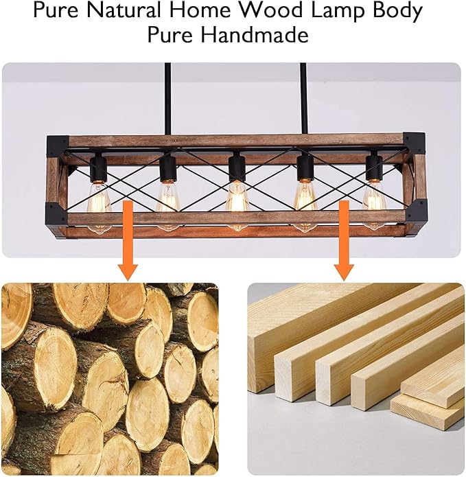 Airposta Kitchen Island Lighting, 33.5-Inch 5 Lights Farmhouse Linear Chandelier for Dining Room Pool Table Pendant Light Fixture, Rustic Wood Grain Finish, Industrial Pendant Light