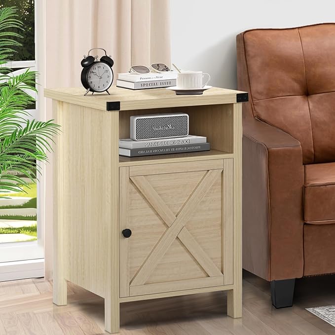 Farmhouse End Table, Nightstand, End Tables with Barn Door and Shelf, Modern Bed Side Table Rustic Nightstands Set for Bedroom, Living Room, Set of 2, Natural