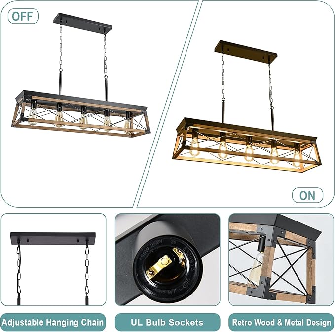 Airposta Farmhouse Rustic Wood Chandelier, 5 Lights Metal Rectangle Dining Room Swag Lighting, Kitchen Island Industrial Linear Cage Pendant Light Fixtures Hanging Lamp