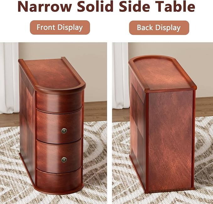ROOMTEC Solid Wood End Table,Narrow Side Table with 2 Drawers,No Assembly, Finished Back,Vintage Wood Narrow Sofa Side Table for Living Room Bedroom