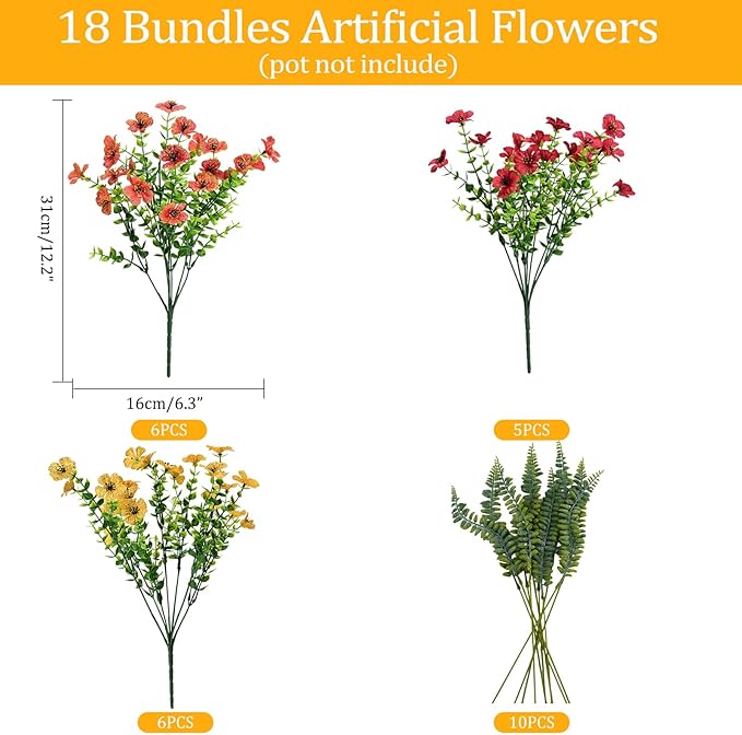 Artificial Fake Flowers Plants for Outdoor,18 Bundles Faux Plants Outside No Fade Plastic UV Resistant for Front Door Porch Patio Balcony Garden Yard Decorations