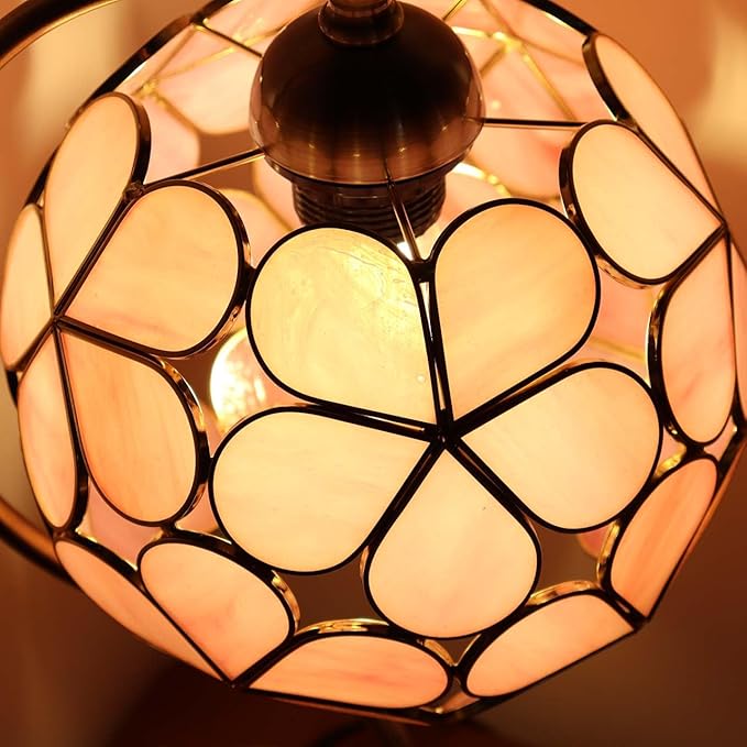 Bieye L10836 Tiffany Style Stained Glass Flower Petal Table Lamp with Brass Base for Home Décor (Pink, 8“ Flower Ball)