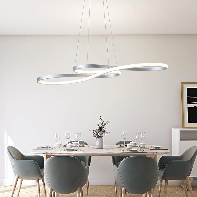 Modern LED Chandelier Dining Room Pendant Light Dimmable Creative Chandelier Remote Control Color/Brightness 3000-6000K Adjustable Hanging Lamp for Bedroom Living Room Kitchen 50W (Silver)