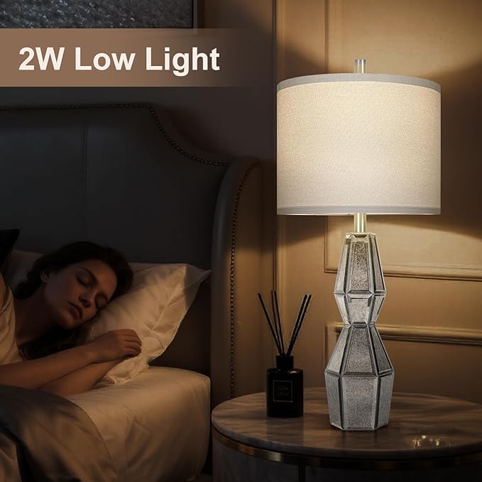 28" Vintage Table Lamps for Bedroom,Antique Bedside Lamp for Living Room with USB A+C Ports,Glass Table Lamps with Linen Shade,3-Way Dimmable Bulb,Nightstand Lamp for Home Hotel Office(Bulb Included)