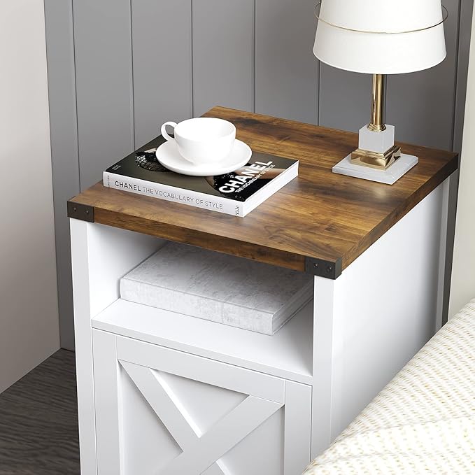 Catrimown Farmhouse End Table, Nightstand Set of 2, Rustic Night Stand with Barn Door and Storage Shelf, White End Table, Side Table for Bedroom Living Room, Cream White