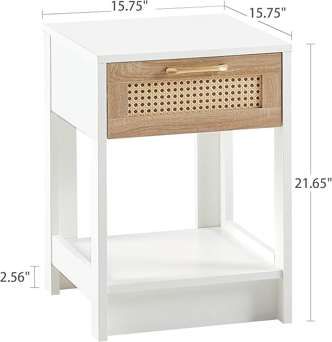 Rattan Nightstand - Wooden Boho End Table with Storage Drawer and Opening Shelf, Bedside Tables Bed Side Table Accent Table for Living Room, Bedroom Small Space