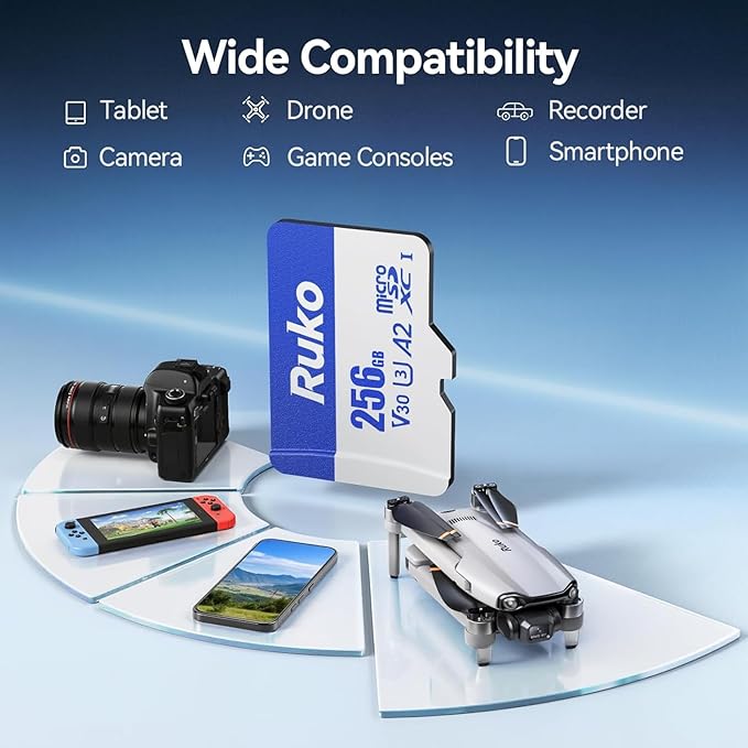 Ruko 256GB Micro SD Card with Adapter & Reader, A2, Class10, UHS-I U3/V30, 4K UHD, Up to 100MB/s Read, TF Memory Card for Drone, Camera, Gaming Console