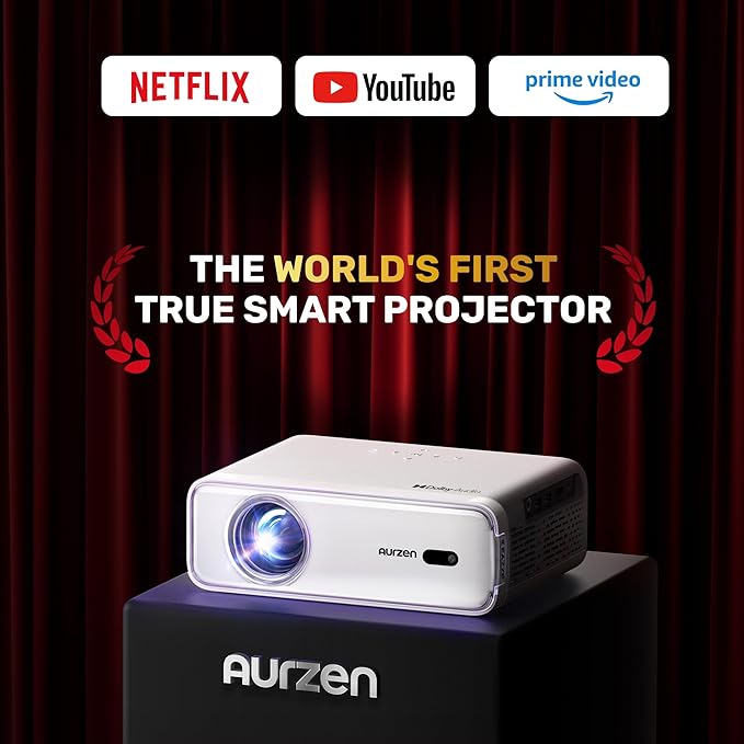 Aurzen EAZZE D1 Smart Projector with WiFi and Bluetooth, Christmas Gifts, Netflix-Officially-Licensed, Auto Focus & Keystone, DoIby Audio, Native 1080P Movie, Portable Outdoor Mini Projector, White