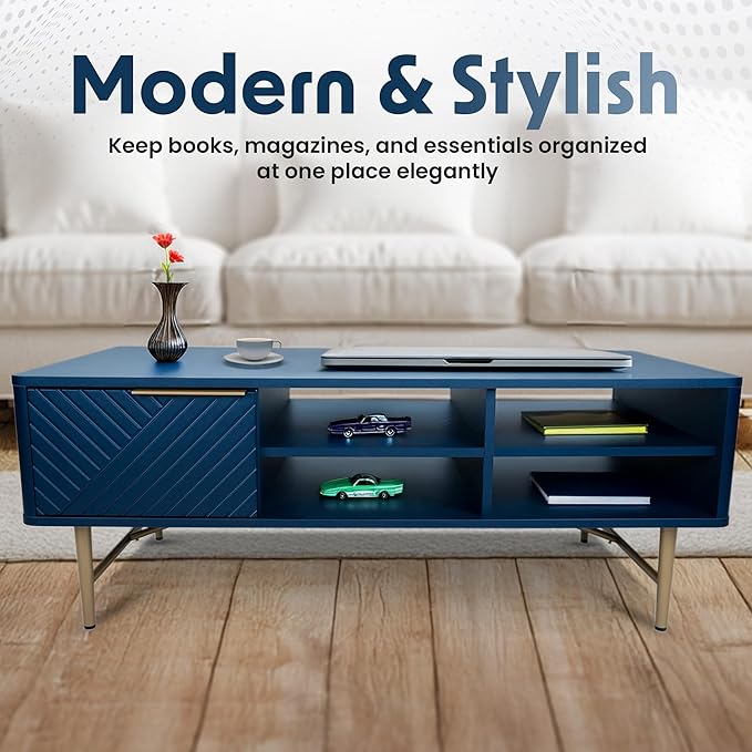 Modern Coffee Table with Storage - Dark Blue Matte Finish with Gold-Tipped Legs, Square Coffee Table for Living Room and Farmhouse with Storage Compartment and Adjustable Shelves