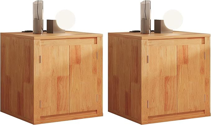 MINCETA End Table Set of 2, Modern Bedside Table with Charging Station and USB Ports, Rustic Wood Square Nightstand with Door for Living Room, Bedroom, Natural Oak