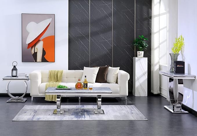 Asday Silver Coffee Table, Grey Rectangular Living Room Table with Silver Mirrored Metal U-Base, Sofa Coffee Table for Living Room, Guest Hall, Reception Room