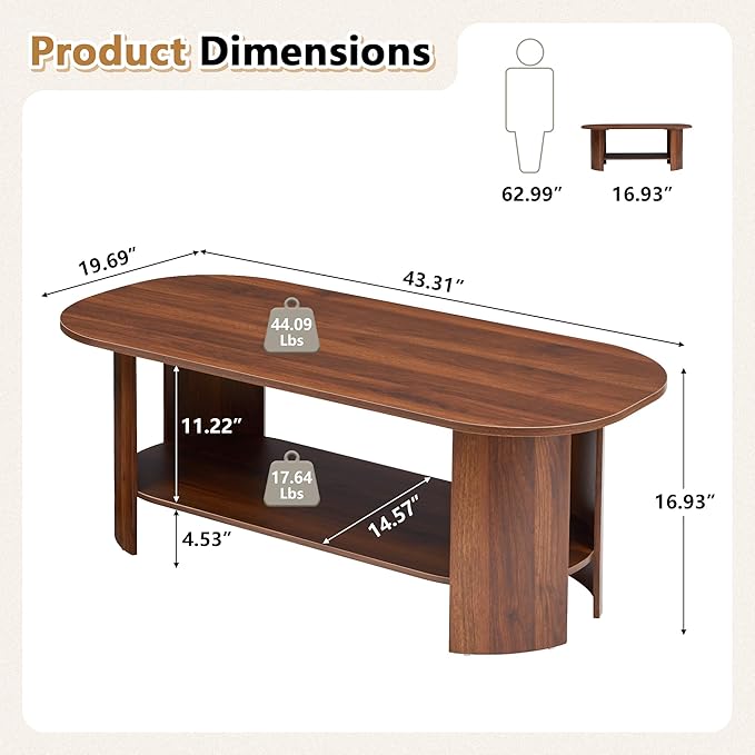 43.3” Oval Coffee Table for Living Room, Wood Farmhouse Coffee Tables with Storage, 2-Tier Center Table with Storage Shelf Low Tea Table for Small Space, Home, Office, Easy Assembly (Walnut)