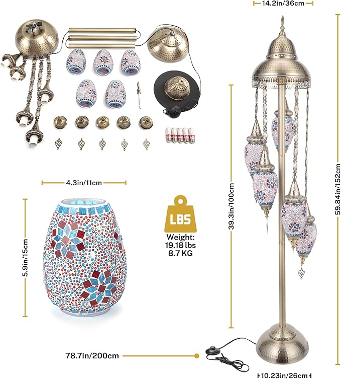 Turkish Floor Lamp, 154CM Moroccan Bohemian Style Living Room Decor, Handcrafted Mosaic Metal Base, Includes 5 Olive Shape Lampshades (XGL Floor-04)