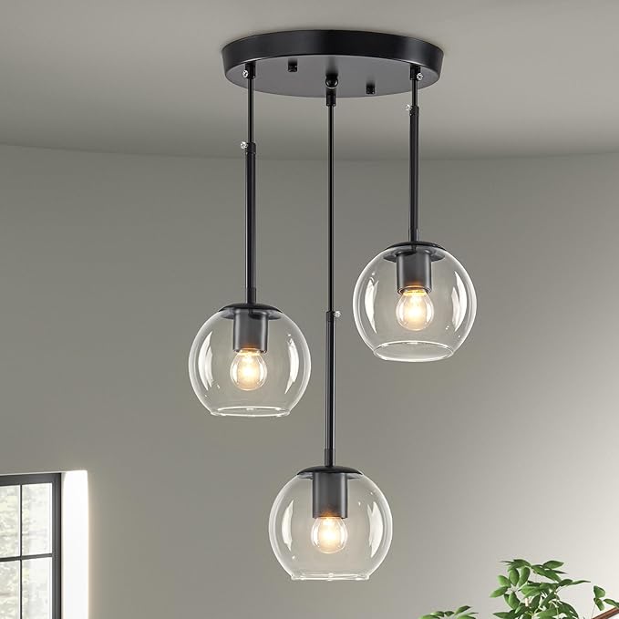 3-Light Black Modern Cluster Pendant Light, Adjustable Height Glass Globe Hanging Chandelier, E26 Base Ceiling Light Fixture for Kitchen Island Dining Room Living Room
