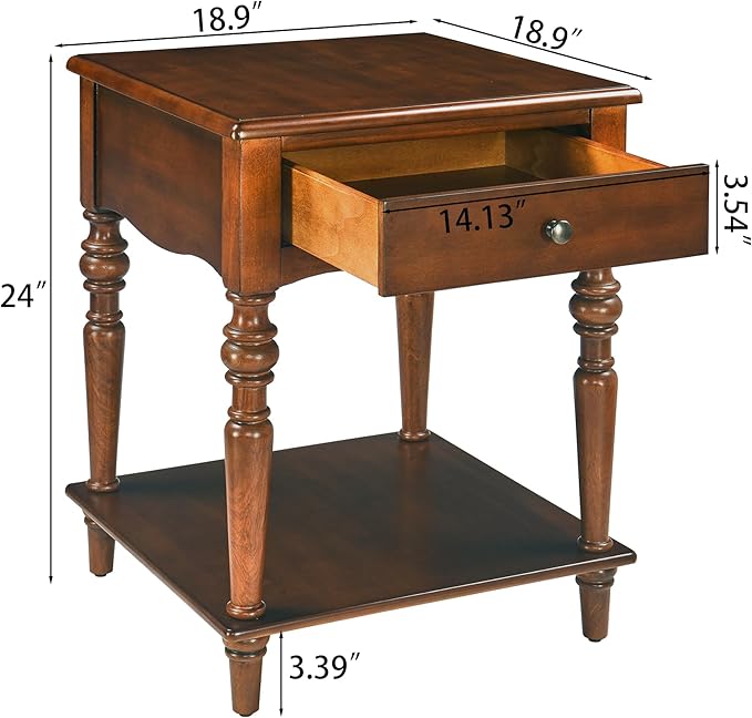 Solid Wood End Table with Drawer and Storage Shelf, Antique Designed Beside Table with Solid Wood Roman Legs, Square Accent Tables with Hand Carved for Living Room, Bedroom Cherry Brown