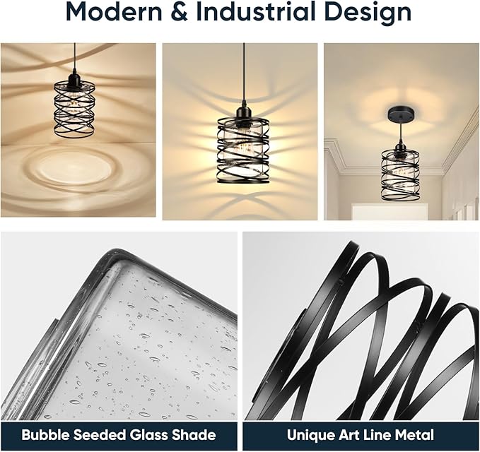 Pendant Lights Kitchen Island, Modern Black Farmhouse Hanging Light with Bubble Seeded Glass, 2 Pack Pendant Lighting with Adjustable Height for Dining Room, Bedroom, Living Room, Hallway