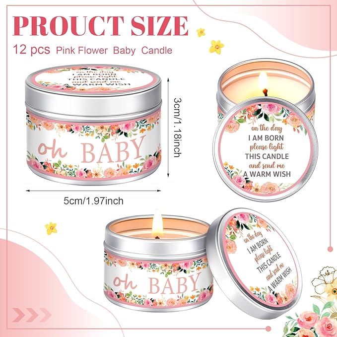 Funtery 12 Pcs Baby Shower Party Favors for Guests Baby Shower Candles Lavender Scented Candle Rustic Tealights Candles Gender Reveal Return Gifts(Floral)