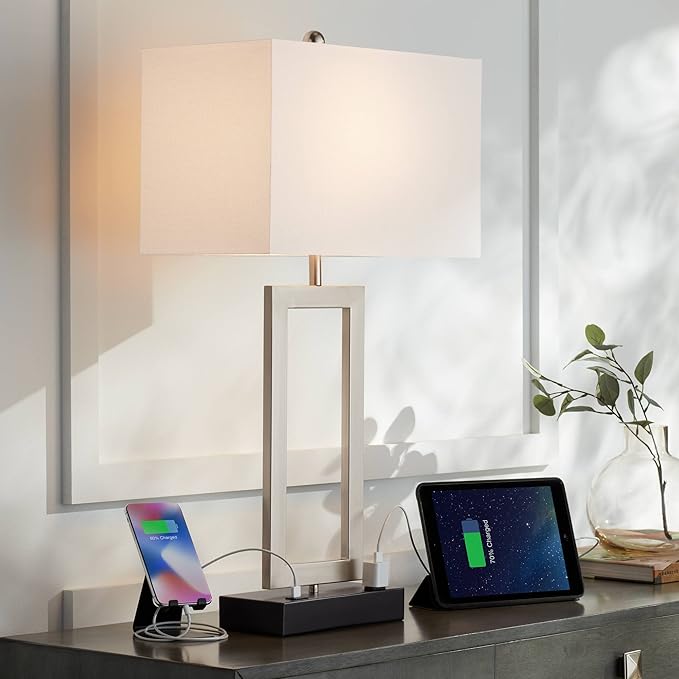 360 Lighting Todd Modern Table Lamp with Hotel Style USB and AC Power Outlet in Base 30" Tall Brushed Nickel Rectangle White Shade for Living Room Bedroom House Bedside Nightstand Home
