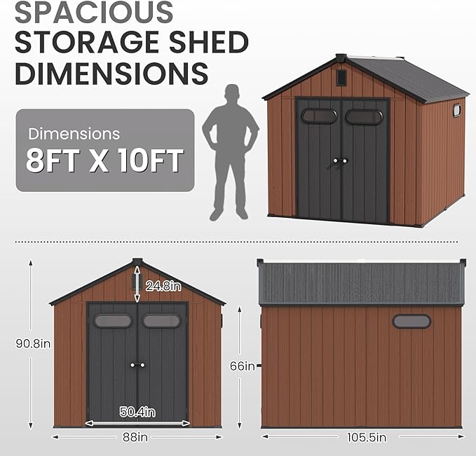 CRESTLIVE 8x10 FT Rust-Resistant Plastic Outdoor Storage Shed, Waterproof Resin Garden Shed with Floor, Doors, Skylight & Vent for Lawn Tools & Bikes