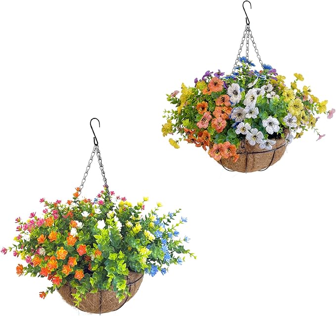 Artificial Hanging Plants Flowers with Basket 2 Packs, Faux Hanging Plants Outdoor, White+Pink+Yellow+Orange+Blue+Green&White+Pink+Yellow+Orange+Blue+Purple