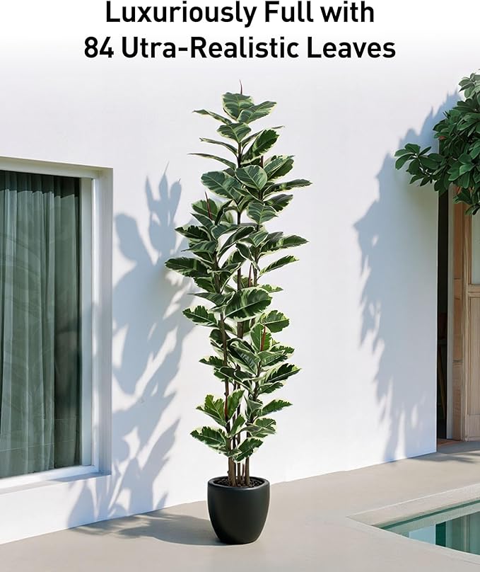 Artificial Rubber Tree Plant 7ft Tall Faux Ficus Tree Potted Fake Tropical Plants Decorative House Plants Large Floor Artificial Trees for Home Office Store Room Decor