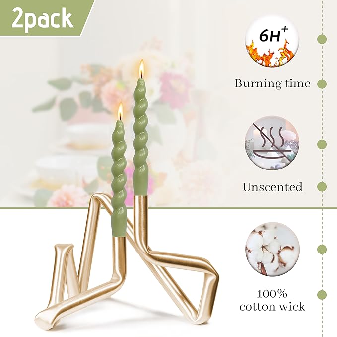 DRIPLESS Unscented Twisted Taper Candles Handmade Candlestick Grass Green Spiral Taper Candles 7.5 Inch Decorative Candle Smokeless for Party Gifts 2 PCS
