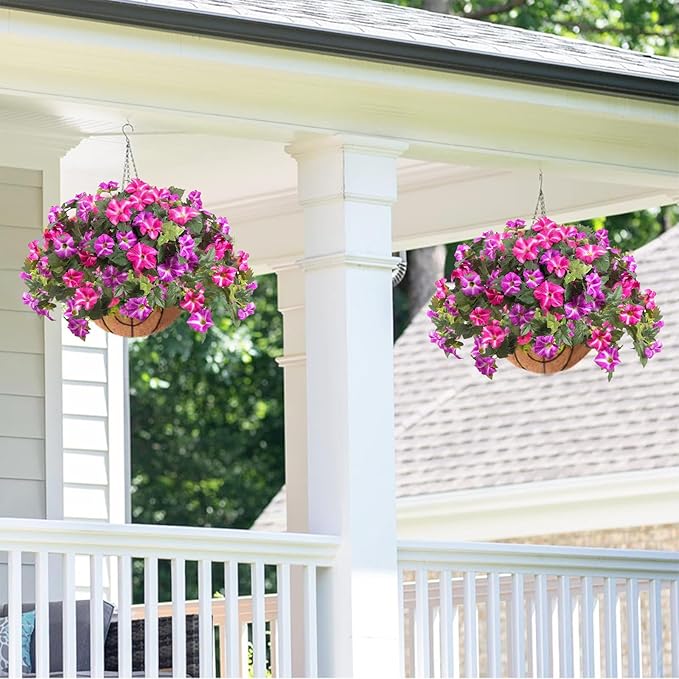 Artificial Fake Flowers Plants for Outdoors Decoration 2PCS No Fade Faux Petunias UV Resistant Realistic Silk Flowers for Home Garden Balcony Yard Porch Deco (Fuchsia)