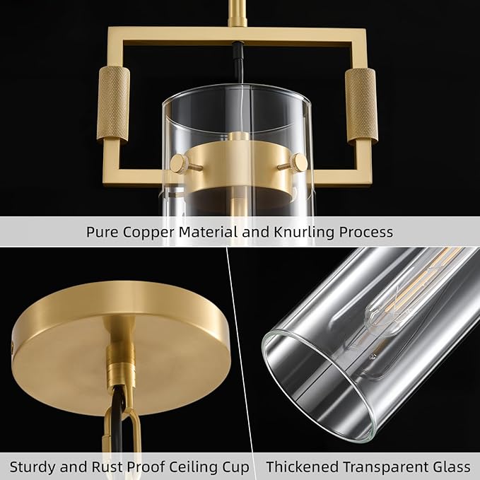 Modern Gold Glass Pendant Light: Knurled Brass Pendant Lights Kitchen Island - Contemporary Hanging Light Fixtures with Cylinder Long Tube - Dimmable Pendants Lighting Fixture over Table for Bedroom