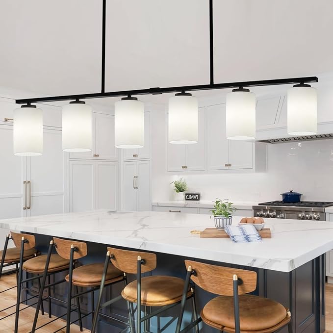 6-Light Island Lights for Kitchen Pendant Lighting Over Island Black Dining Room Light Fixtures Over Table, 45.27'' Modern Farmhouse Large Chandeliers with Milky Glass Shade
