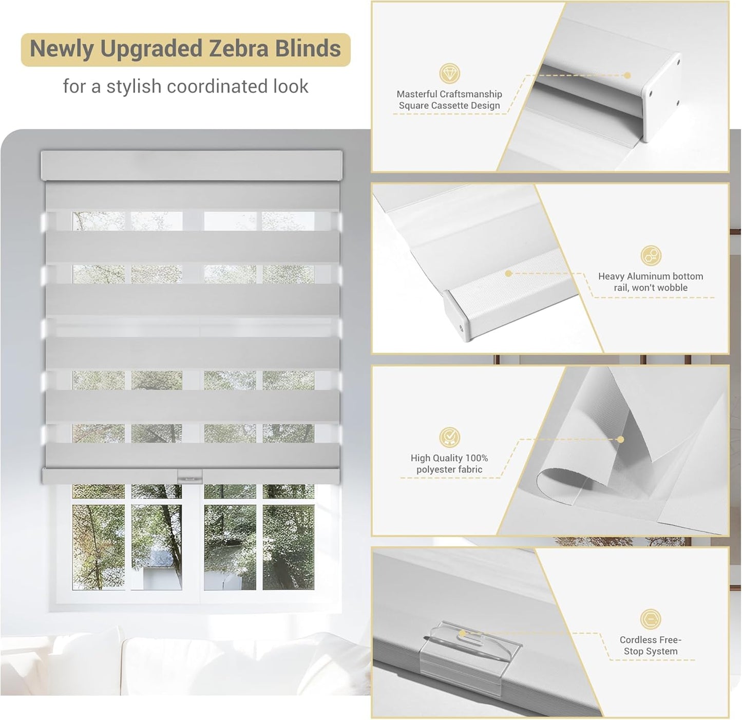 Cordless Zebra Blinds for Windows, Blackout Interior Blinds,Easy to Install,UV Protection,for Offices and Home,Custom Roller Shades, Solid White, 73" W x 48" H