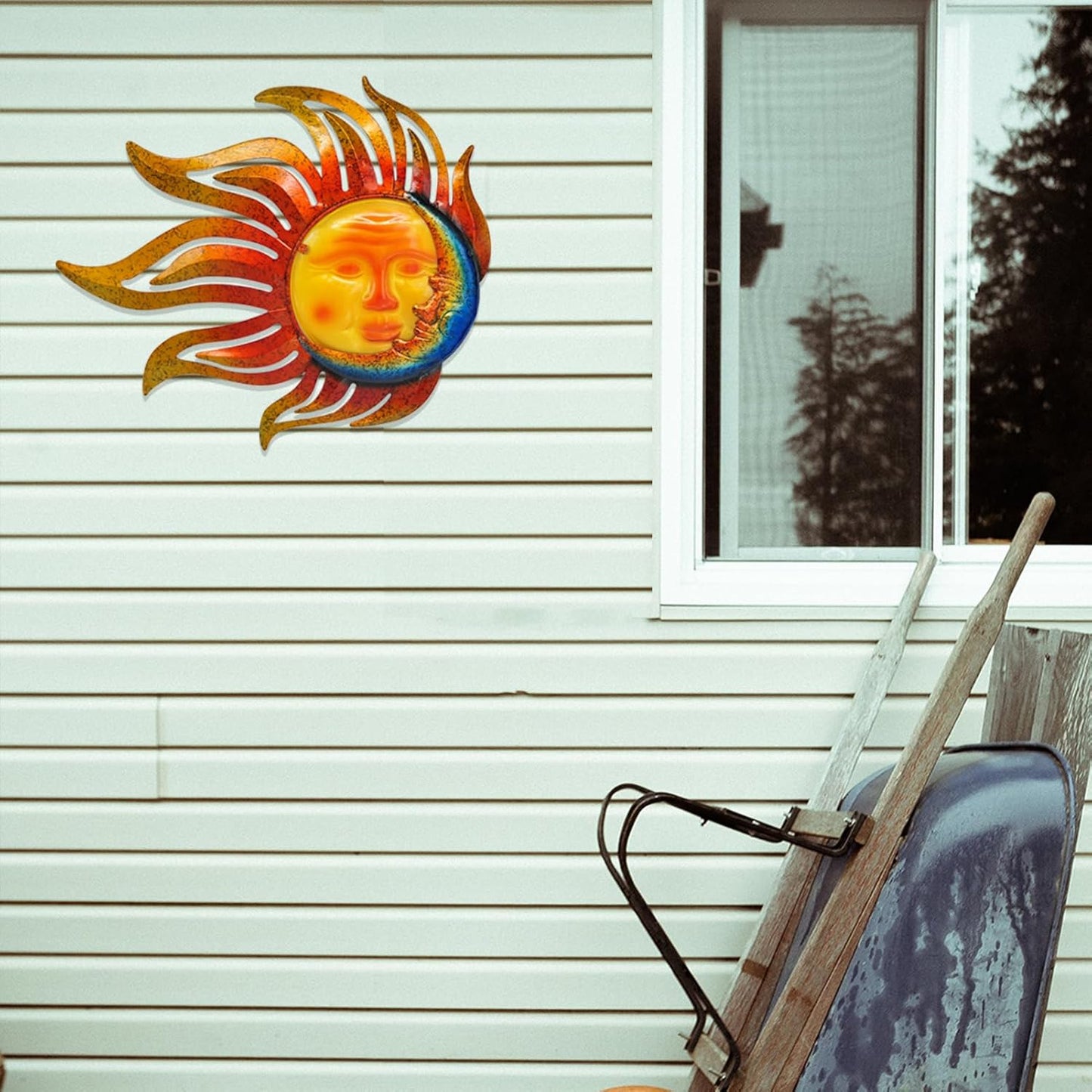 wotieuns Large Outdoor Metal Glass Sun and Moon Wall Decor Outdoor Sun Moon Wall Art 28 Inch