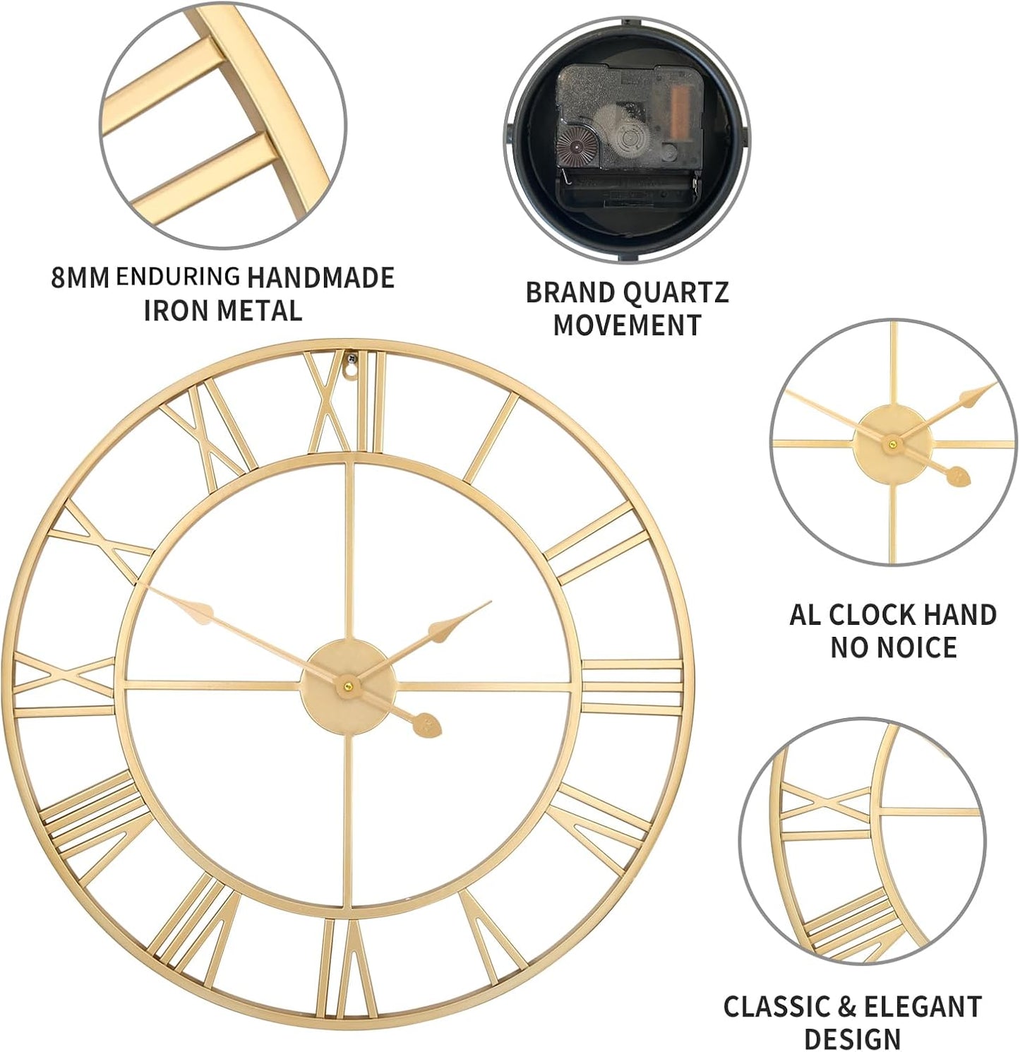 1st owned Large Wall Clock for Living Room Decor Silent Non-Ticking Decorative Wall Clock Roman Numerals Vintage Battery Operated for Kitchen Farmhouse Cafe Office Decor (Gold, 32 Inches)