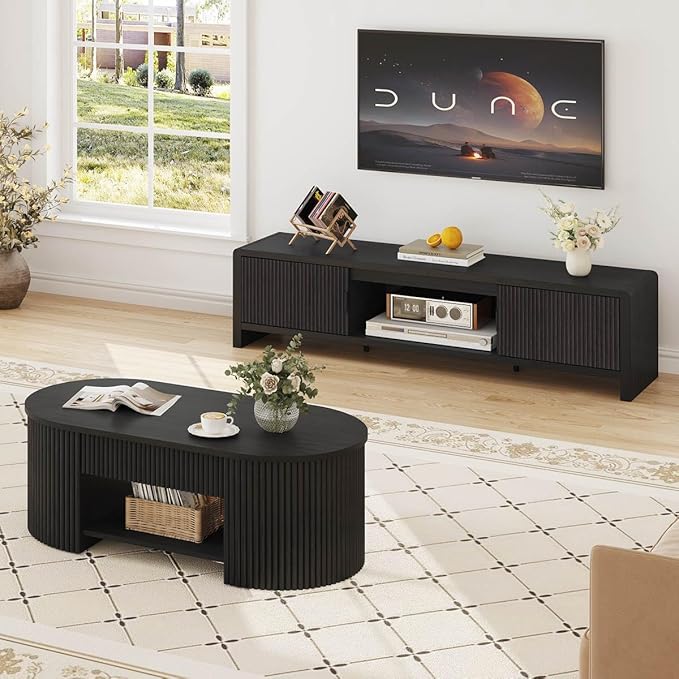 FATORRI Coffee Table for Living Room Storage, Modern Wood Fluted Center Table with Drawer, Mid-Century Oval Living Room Tables with Shelf (Black, 43.31 Inch)