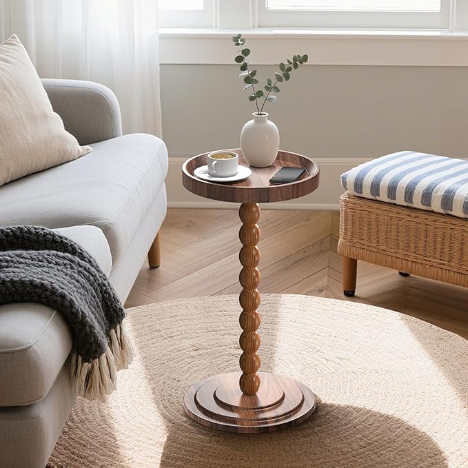 Round Side Table, Small Drink Table for Small Spaces, Martini Table with Raised Edge, Pedestal Side Table for Living Room, Bedroom,Sofa and Couch