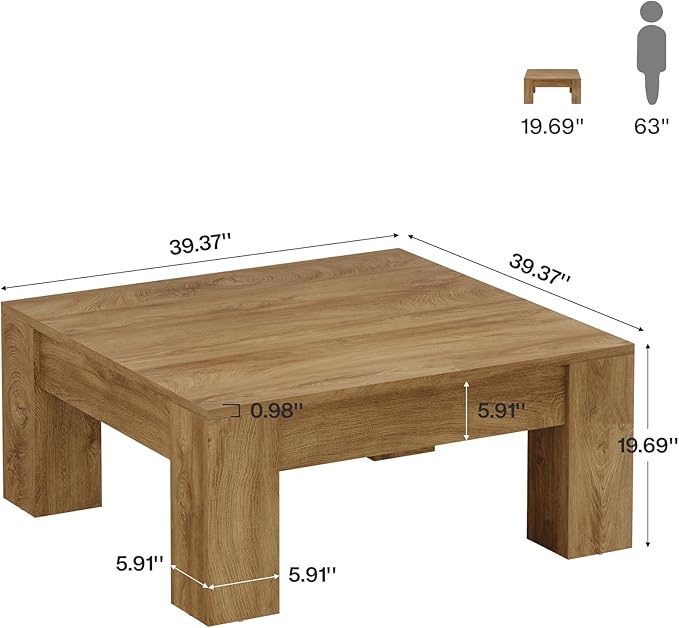 Tribesigns Square Coffee Table, 39-Inch Farmhouse Wooden Coffee Table with Sturdy Legs, Rustic Accent Center Table for Living Room, Easy Assembly, Light Brown