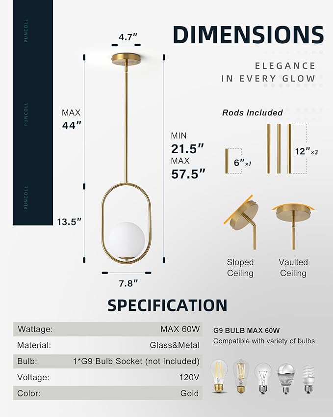 Gold Pendant Lights - 1-Light Pendant Lighting for Kitchen Island with Milky White Globe Glass - Vintage Pendant Light Fixtures - Gold Hanging Lights for Kitchen H9376-MGBG