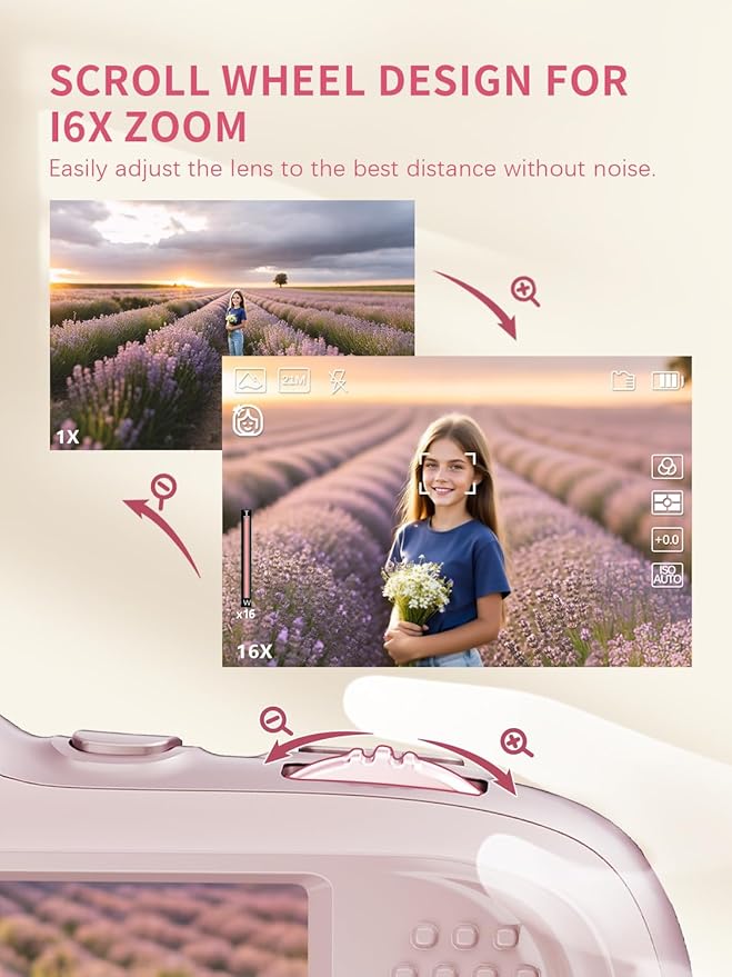 True 64MP Digital Camera 4K - 16X Zoom Autofocus, with Beauty & Macro Mode, 32GB TF Card, Compact Portable Vlogging Cameras for Photography Beginners Teens Adults (Pink)