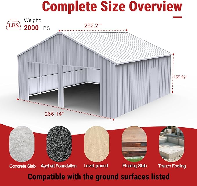 22x23 FT Outdoor Metal Garage Shed with 14-Gauge Steel Frame, 26-Gauge Panels & Side Door, Heavy-Duty Prefab Steel Building for Two Cars,Workshop, Farm Equipment & Tractor Shelter（White）